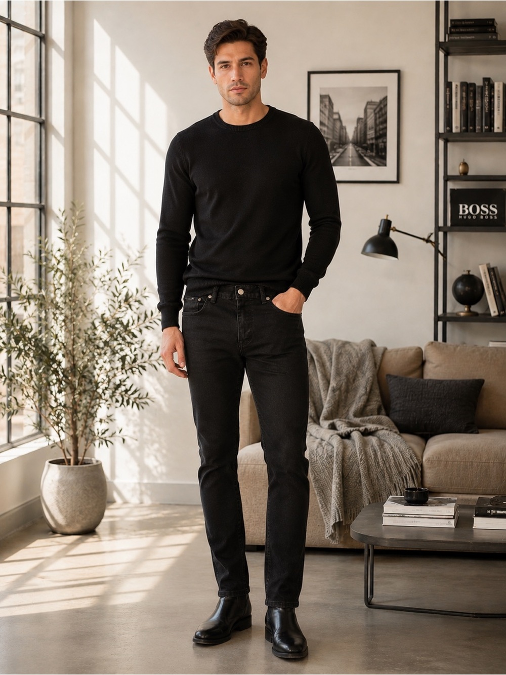 BOSS Hugo Boss Mens Black Jeans 32x34 Stretch Straight Leg Special Finish